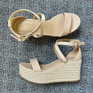 Michael Kors Beige Patent Leather Espadrille Wedge Sandals